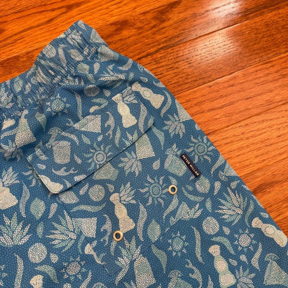 Peter Millar Swim Trunks Mens 2XL Blue Tequila Agave Print Mesh Lined Beachwear